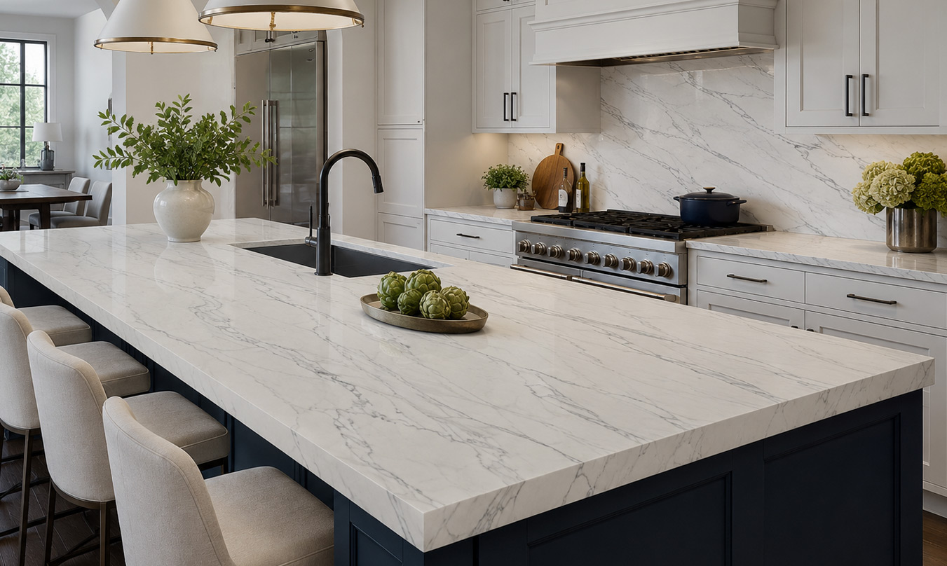 Calacatta quartzite slab with white background and soft gray veining