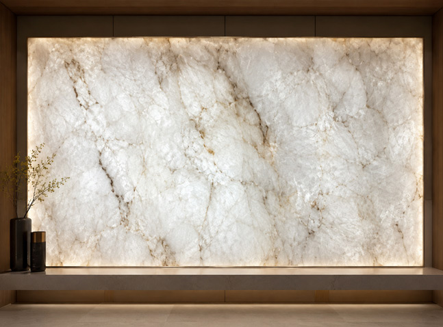 Backlit Cristallo quartzite feature wall concept for a luxury Sacramento home