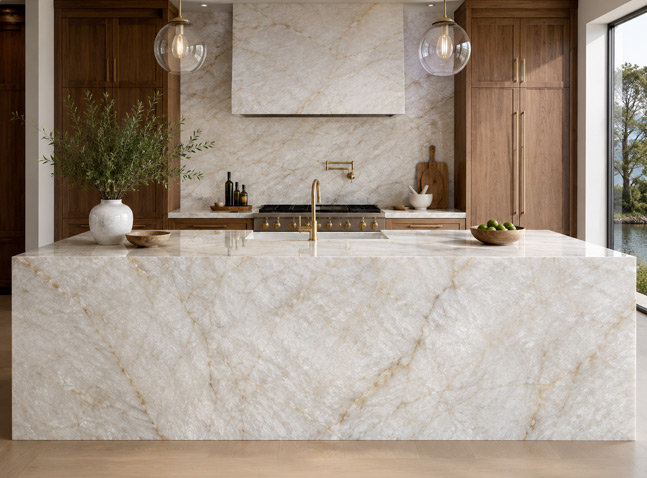 Cristallo quartzite kitchen island with waterfall edge concept