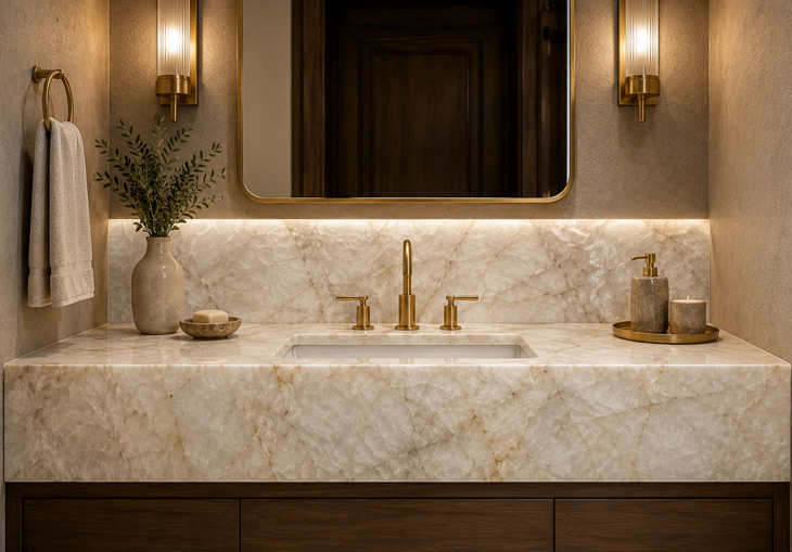 Cristallo quartzite bathroom vanity and wall feature concept