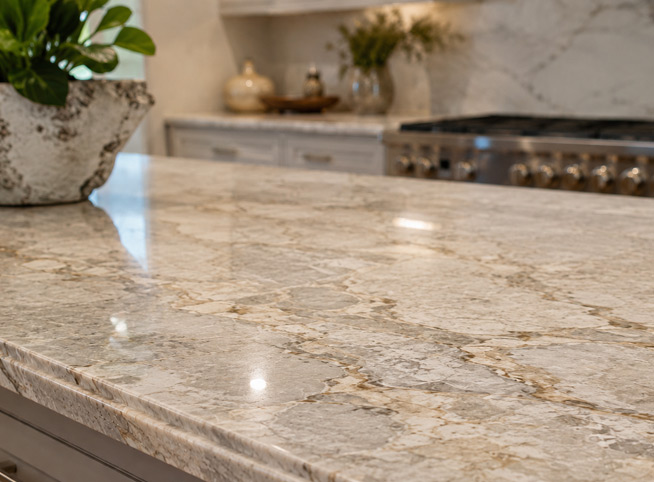 Quartzite countertop slab detail showing natural stone movement and finish