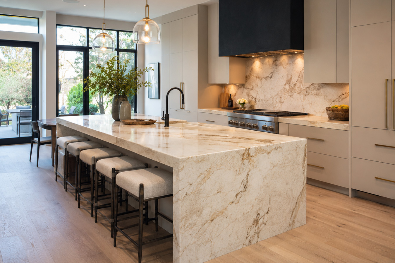 Sacramento quartzite countertop showroom kitchen with natural stone slab