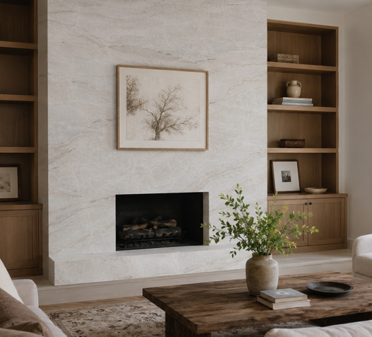 Taj Mahal quartzite room fireplace example