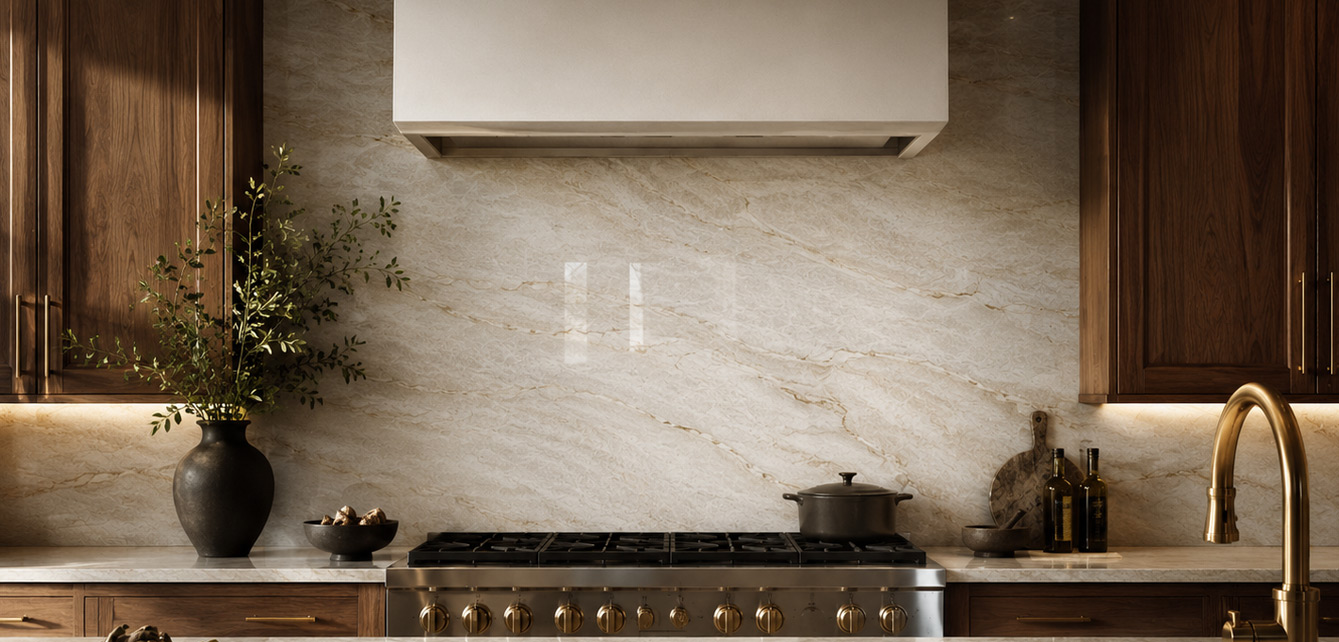 Taj Mahal quartzite countertop and full-height back wall example